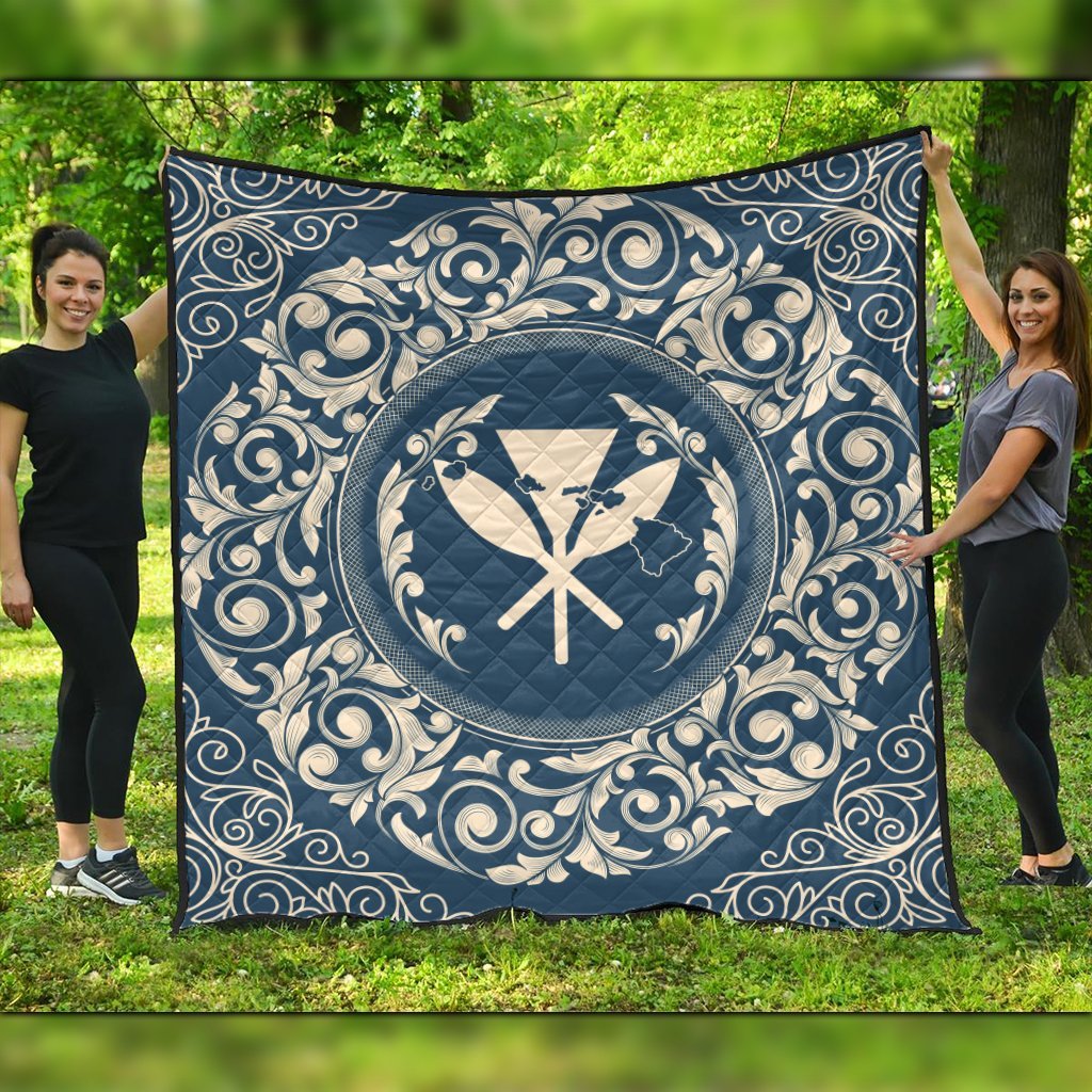 Hawaii Map Classic Floral Premium Quilts Blue - AH Black - Polynesian Pride