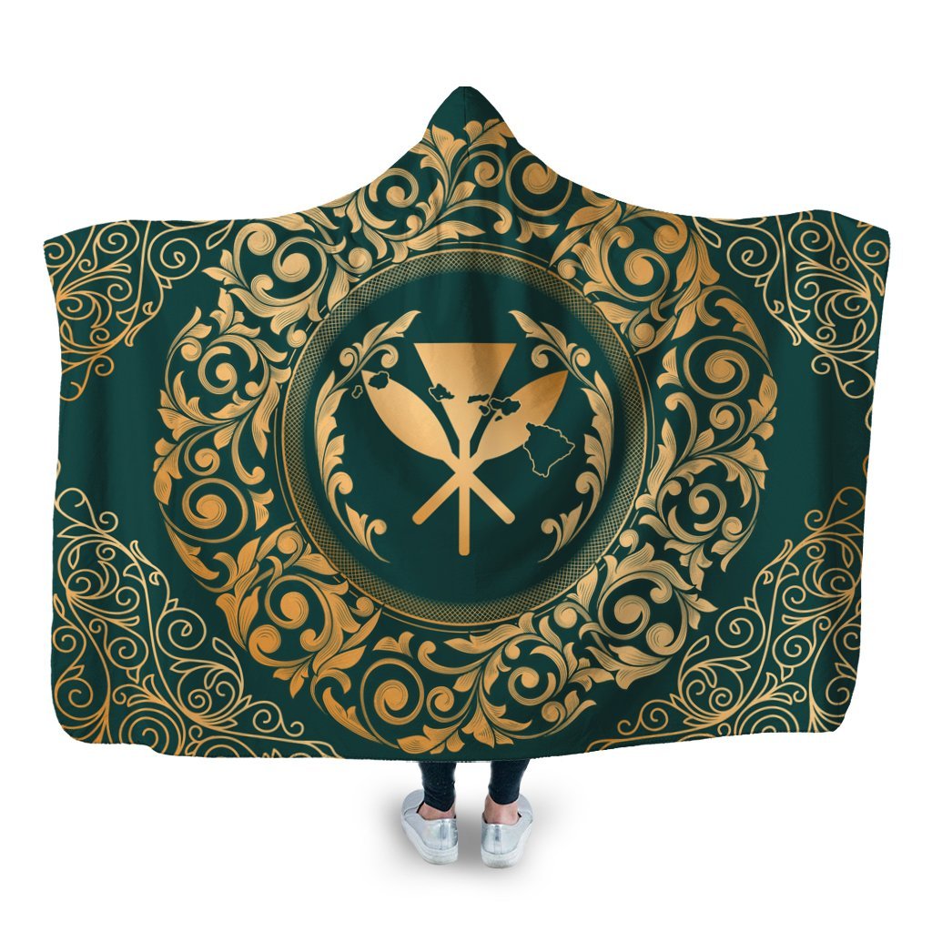 Hawaii Map Classic Floral Hooded Blanket Green - AH Hooded Blanket White - Polynesian Pride