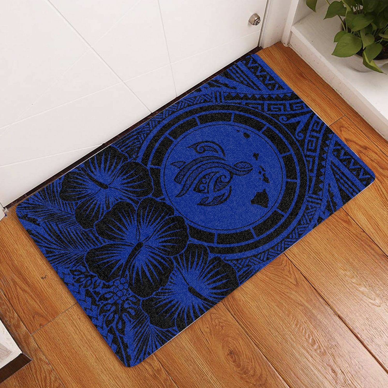 Hawaii Map Honu Hibiscus Polynesian Door Mat Blue AH Door Mat Blue - Polynesian Pride