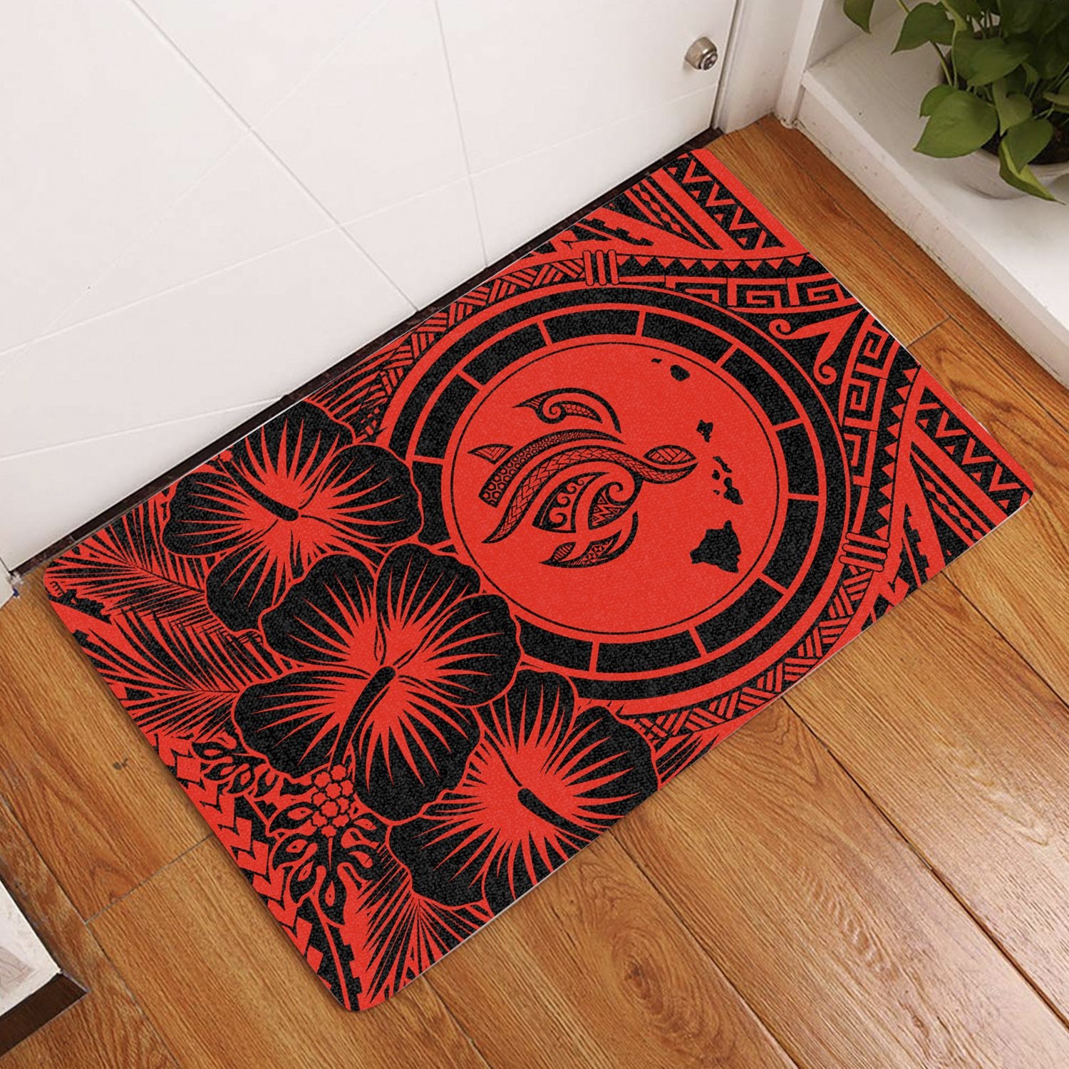 Hawaii Map Honu Hibiscus Polynesian Door Mat Red AH Door Mat Red - Polynesian Pride