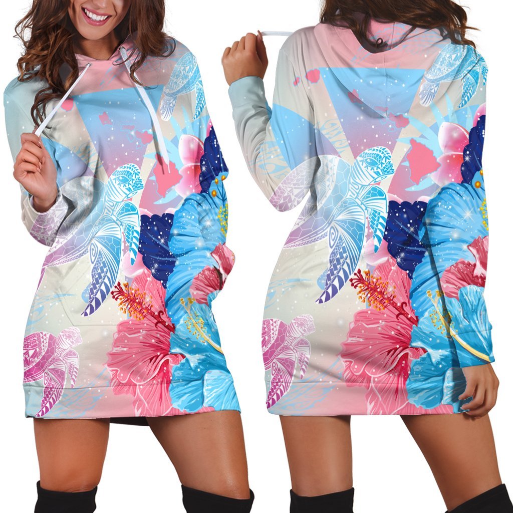 Hawaii Map Kanaka Hibiscus Polynesian Turtle Swimming Hoodie Dress - Sweet Dream Style - AH Black - Polynesian Pride