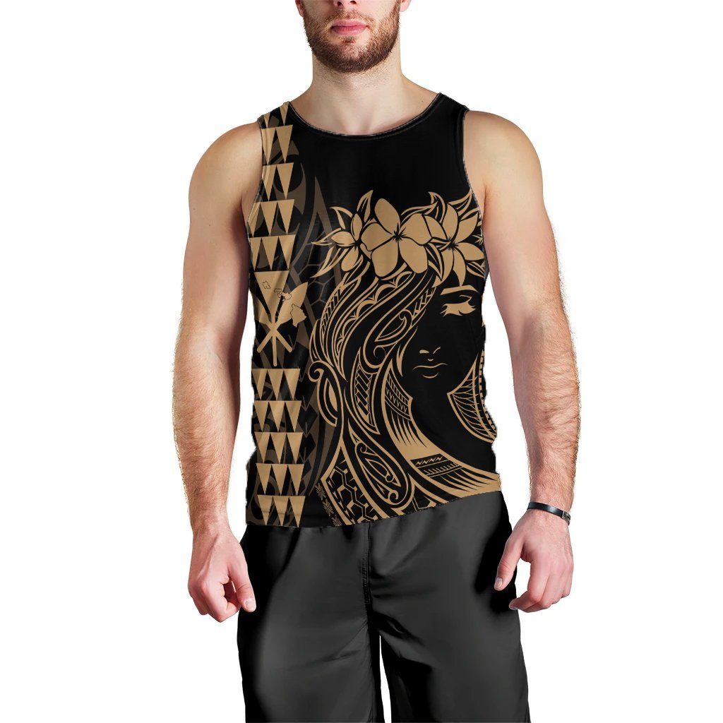 Hawaii Map Kanaka Polynesian Hula Girl Tank Top Gold - AH - J5R Black - Polynesian Pride