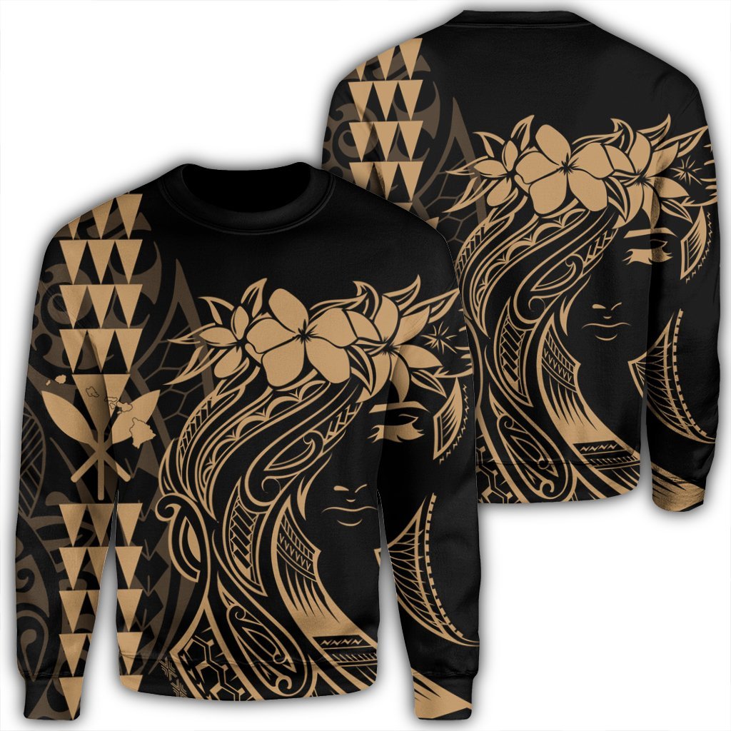 Hawaii Map Kanaka Polynesian Hula Girl Sweatshirt Gold - AH - J5R Unisex Black - Polynesian Pride