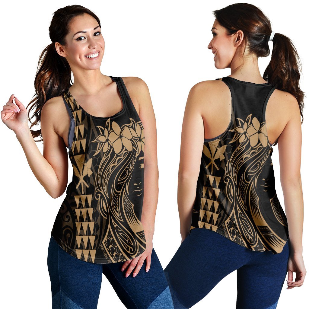 Hawaii Map Kanaka Polynesian Hula Girl Racerback Tank Gold - AH - J5R Black - Polynesian Pride