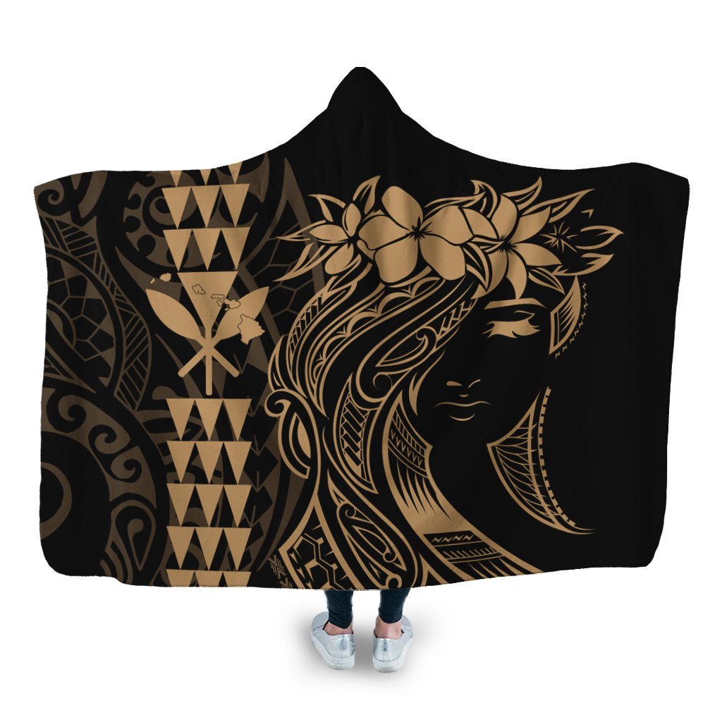 Hawaii Map Kanaka Polynesian Hula Girl Hooded Blanket Gold - AH - J5R Hooded Blanket White - Polynesian Pride