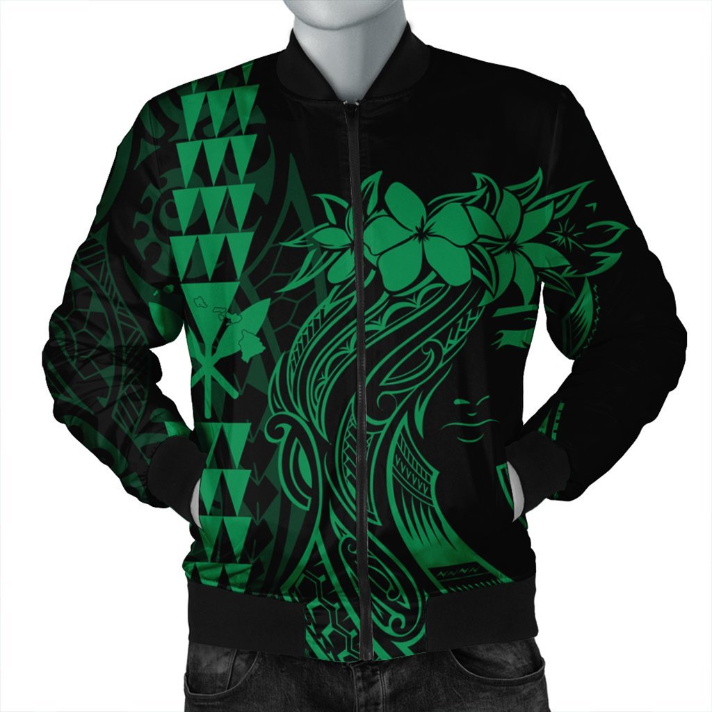 Hawaii Map Kanaka Polynesian Hula Girl Bomber Jacket Green - AH - J5R Black Unisex - Polynesian Pride