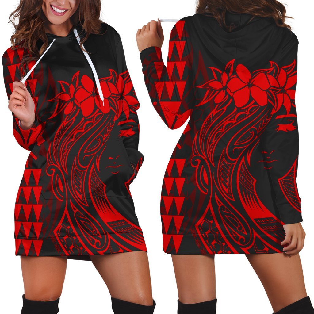 Hawaii Map Kanaka Polynesian Hula Girl Hoodie Dress Red - AH - J5R Black - Polynesian Pride