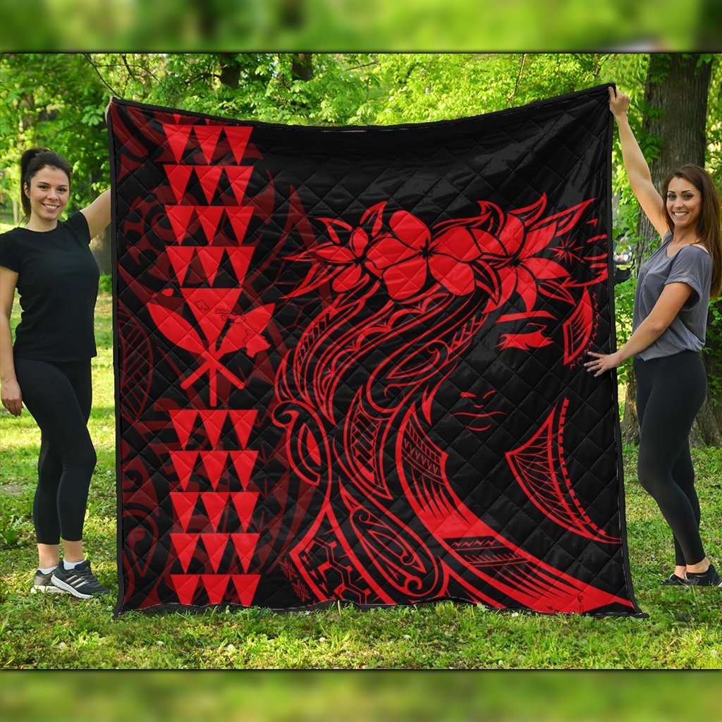 Hawaii Map Kanaka Polynesian Hula Girl Premium Quilts Red - AH - J5C Black - Polynesian Pride