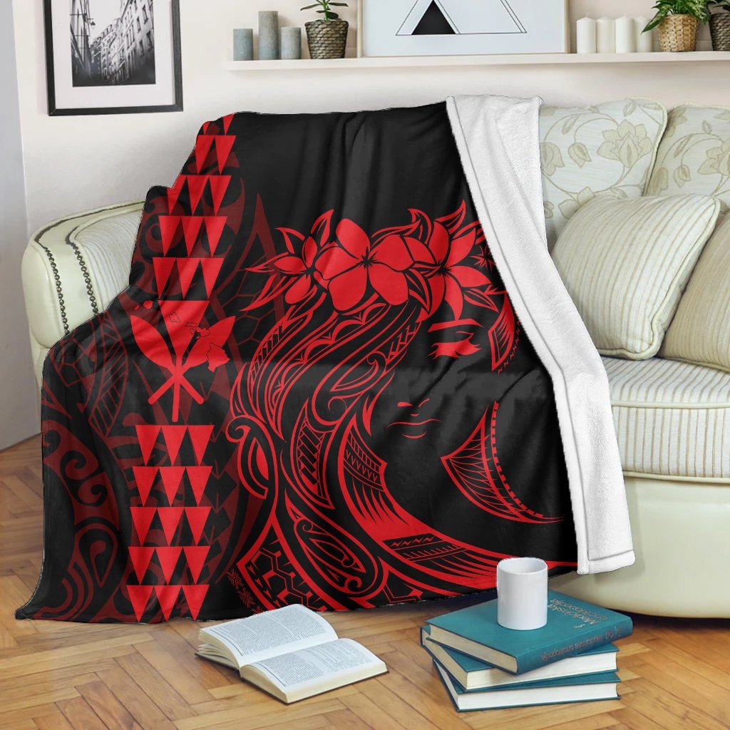 Hawaii Map Kanaka Polynesian Hula Girl Premium Blankets Red - AH - J5C White - Polynesian Pride