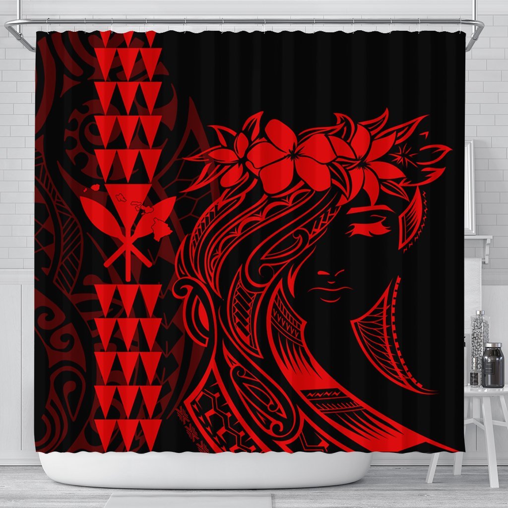 Hawaii Map Kanaka Polynesian Hula Girl Shower Curtain Red - AH - J5C 177 x 172 (cm) Black - Polynesian Pride