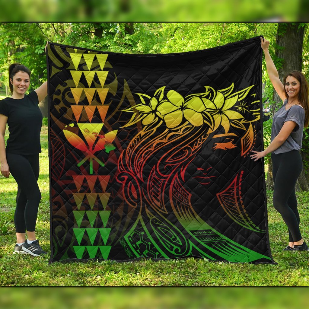 Hawaii Map Kanaka Polynesian Hula Girl Premium Quilts Reggae - AH - J5C Black - Polynesian Pride