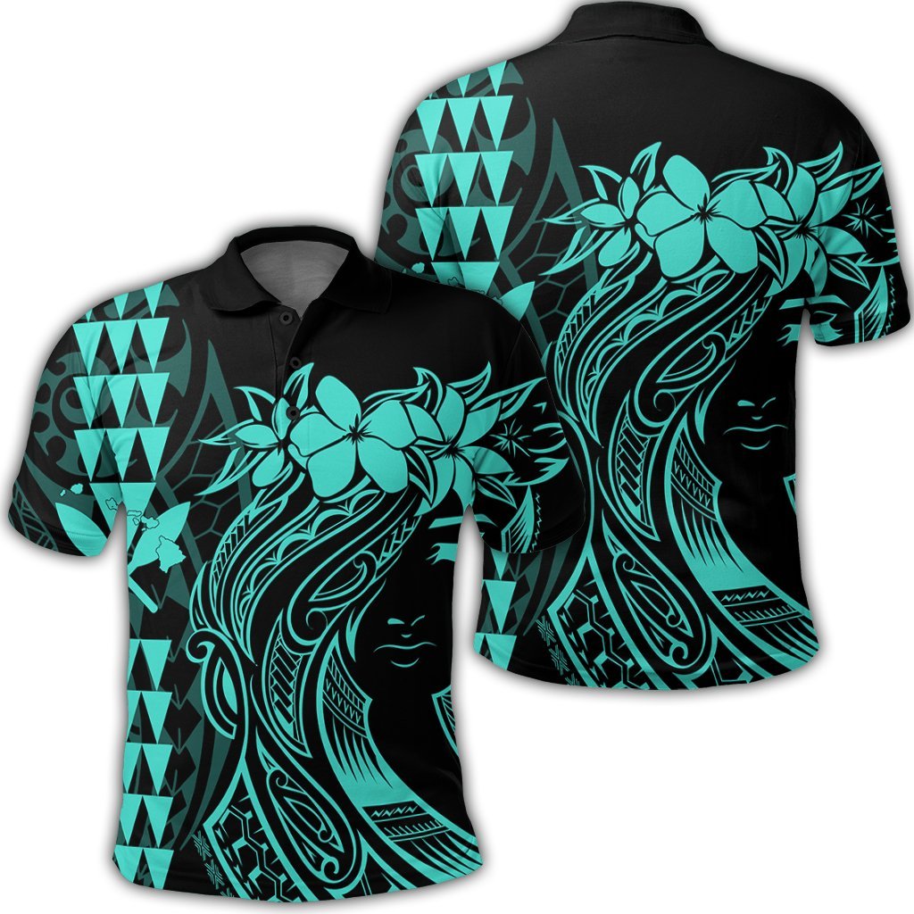 Hawaii Map Kanaka Polynesian Hula Girl Polo Shirt Turquoise J5R Unisex Black - Polynesian Pride