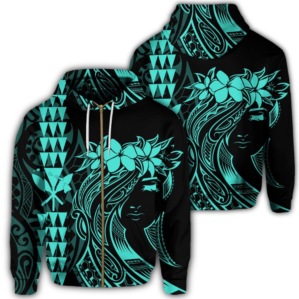 Hawaii Map Kanaka Polynesian Hula Girl Zip Hoodie Turquoise Unisex Art - Polynesian Pride