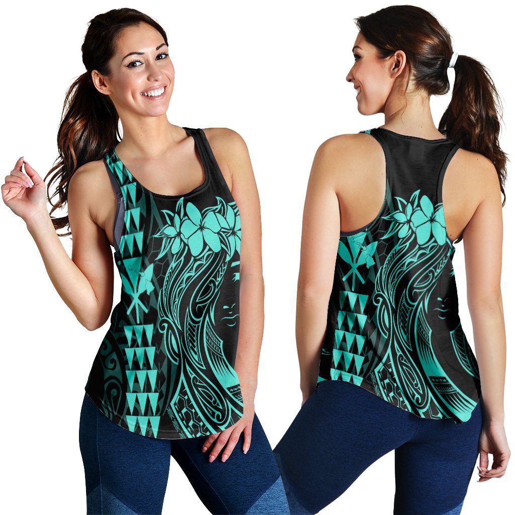 Hawaii Map Kanaka Polynesian Hula Girl Racerback Tank Turquoise - AH - J5R Black - Polynesian Pride