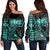 Hawaii Map Kanaka Polynesian Hula Girl Women's Off Shoulder Sweater Turquoise - AH - J5R Black - Polynesian Pride