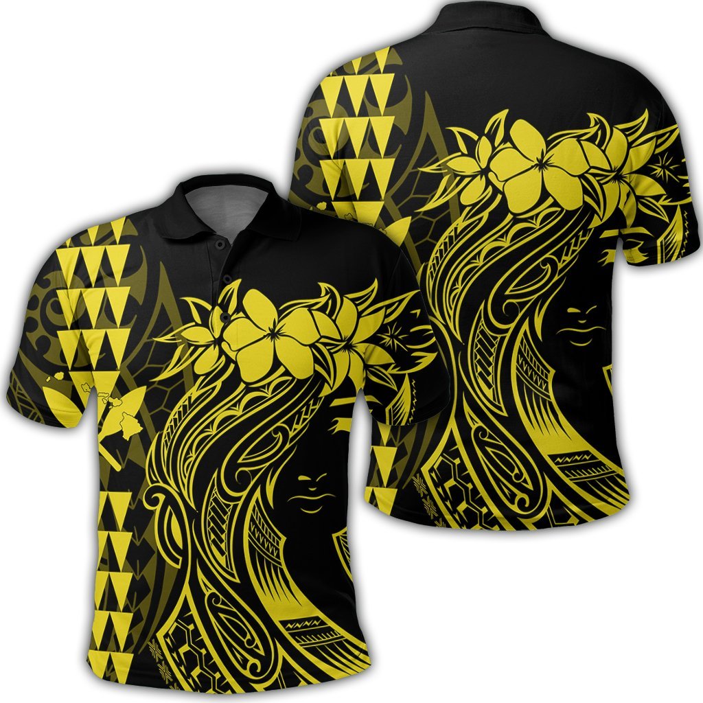 Hawaii Map Kanaka Polynesian Hula Girl Polo Shirt Yellow J5R Unisex Black - Polynesian Pride