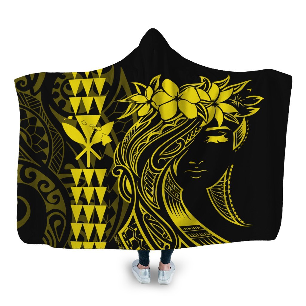 Hawaii Map Kanaka Polynesian Hula Girl Hooded Blanket Yellow - AH - J5R Hooded Blanket White - Polynesian Pride