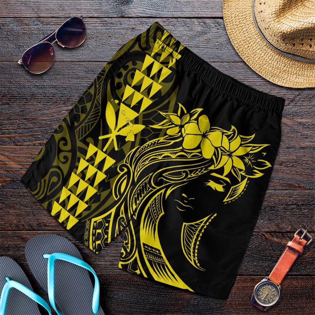 Hawaii Map Kanaka Polynesian Hula Girl Men's Shorts Yellow - AH - J5C Art - Polynesian Pride