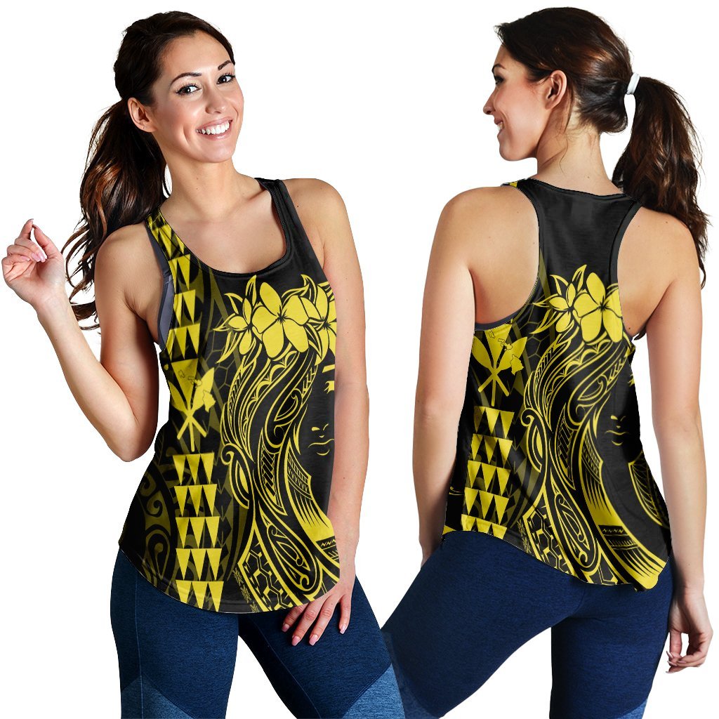 Hawaii Map Kanaka Polynesian Hula Girl Racerback Tank Yellow - AH - J5R Black - Polynesian Pride