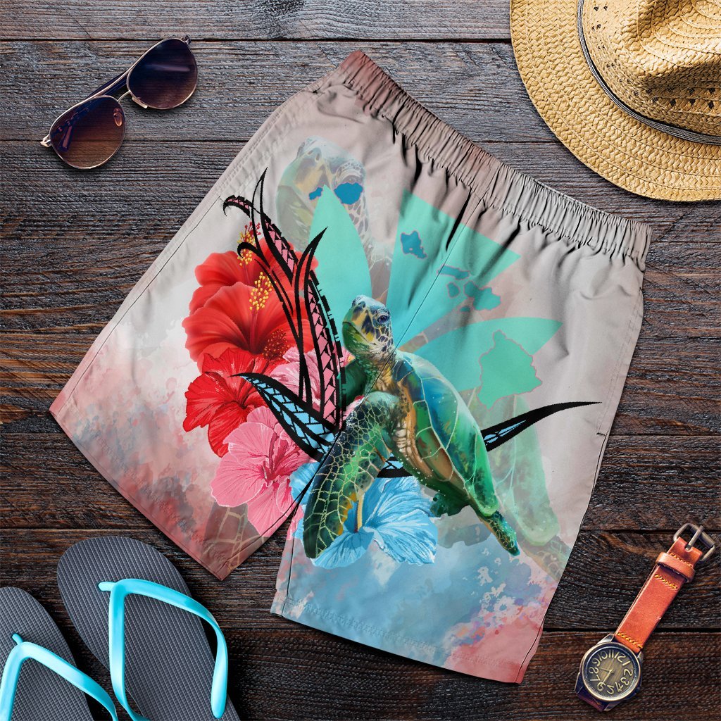 Hawaii Map Kanaka Sea Turtle Hibiscus Men's Shorts - AH - Blue Pink Art - Polynesian Pride