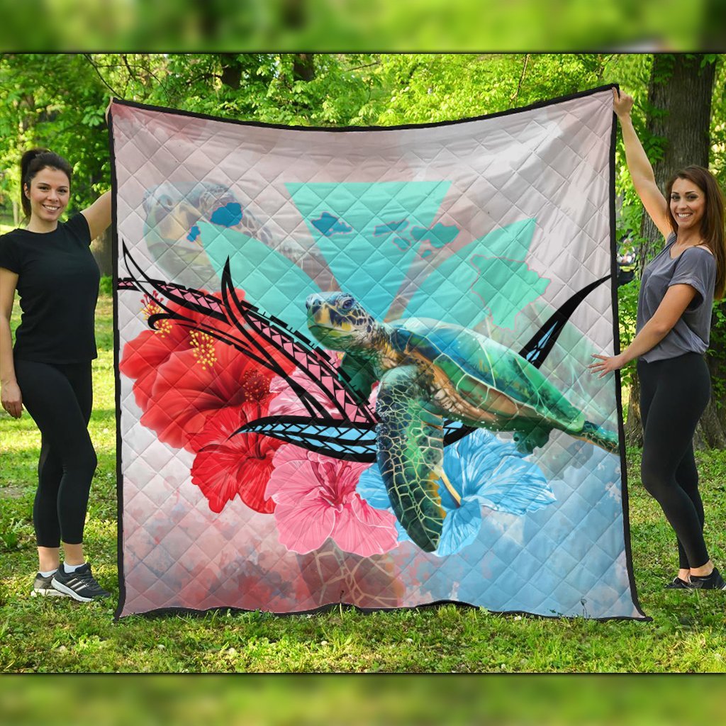 Hawaii Map Kanaka Sea Turtle Hibiscus Premium Quilts - AH - Blue Pink Black - Polynesian Pride