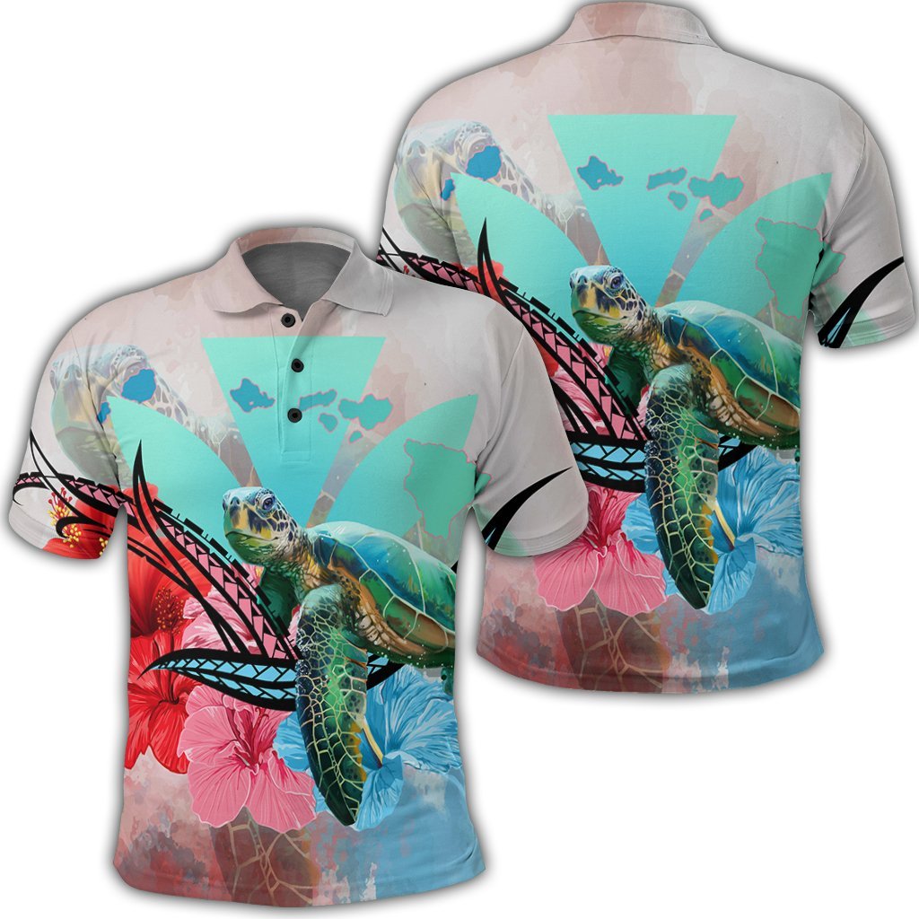 Hawaii Map Kanaka Sea Turtle Hibiscus Polo Shirt Blue Pink Unisex Black - Polynesian Pride