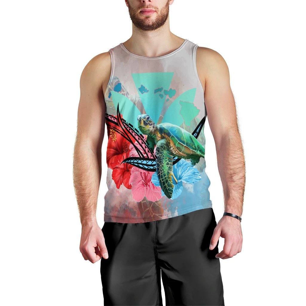 Hawaii Map Kanaka Sea Turtle Hibiscus Tank Top - AH - Blue Pink Black - Polynesian Pride