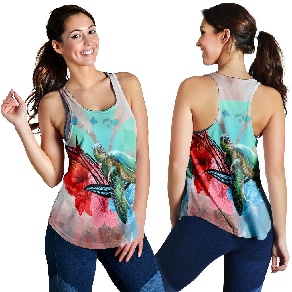 Hawaii Map Kanaka Sea Turtle Hibiscus Racerback Tank - AH - Blue Pink Black - Polynesian Pride