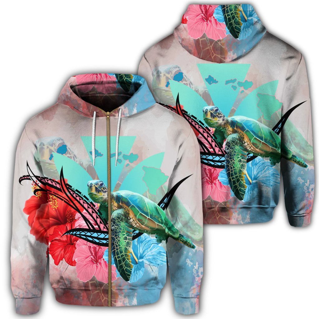 Hawaii Map Kanaka Sea Turtle Hibiscus Zip Hoodie Blue Pink Unisex Art - Polynesian Pride