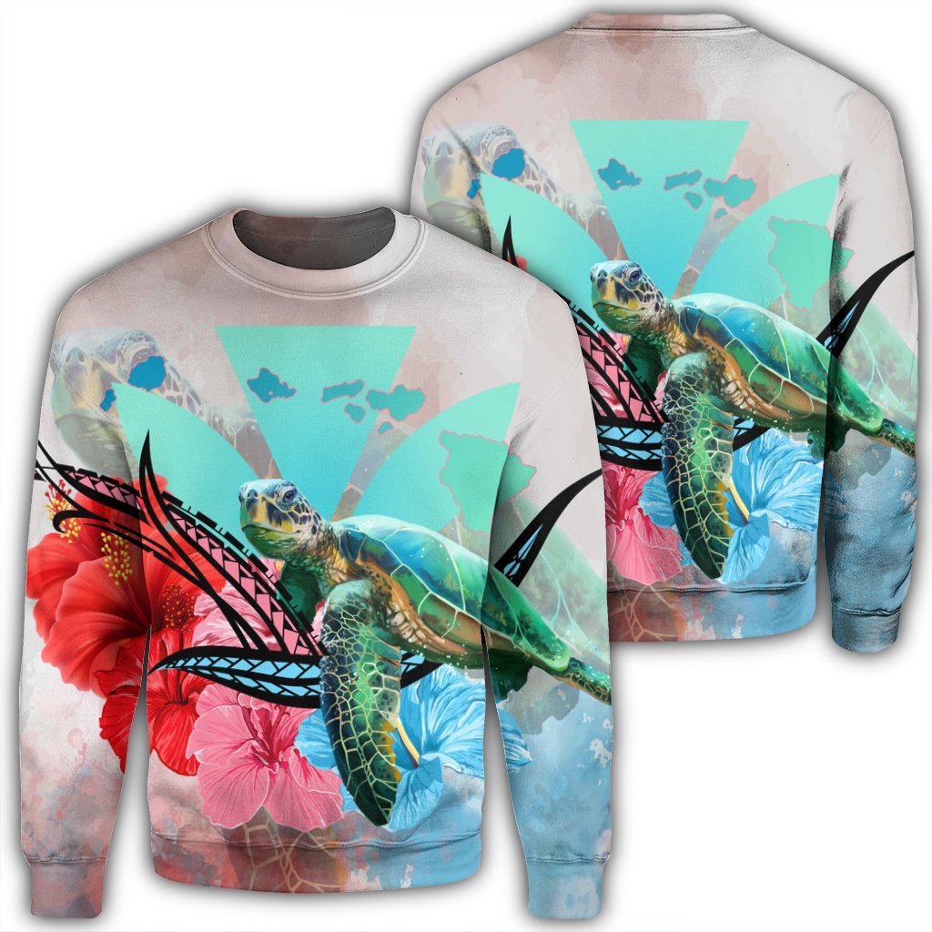 Hawaii Map Kanaka Sea Turtle Hibiscus Sweatshirt - AH - Blue Pink Unisex Black - Polynesian Pride