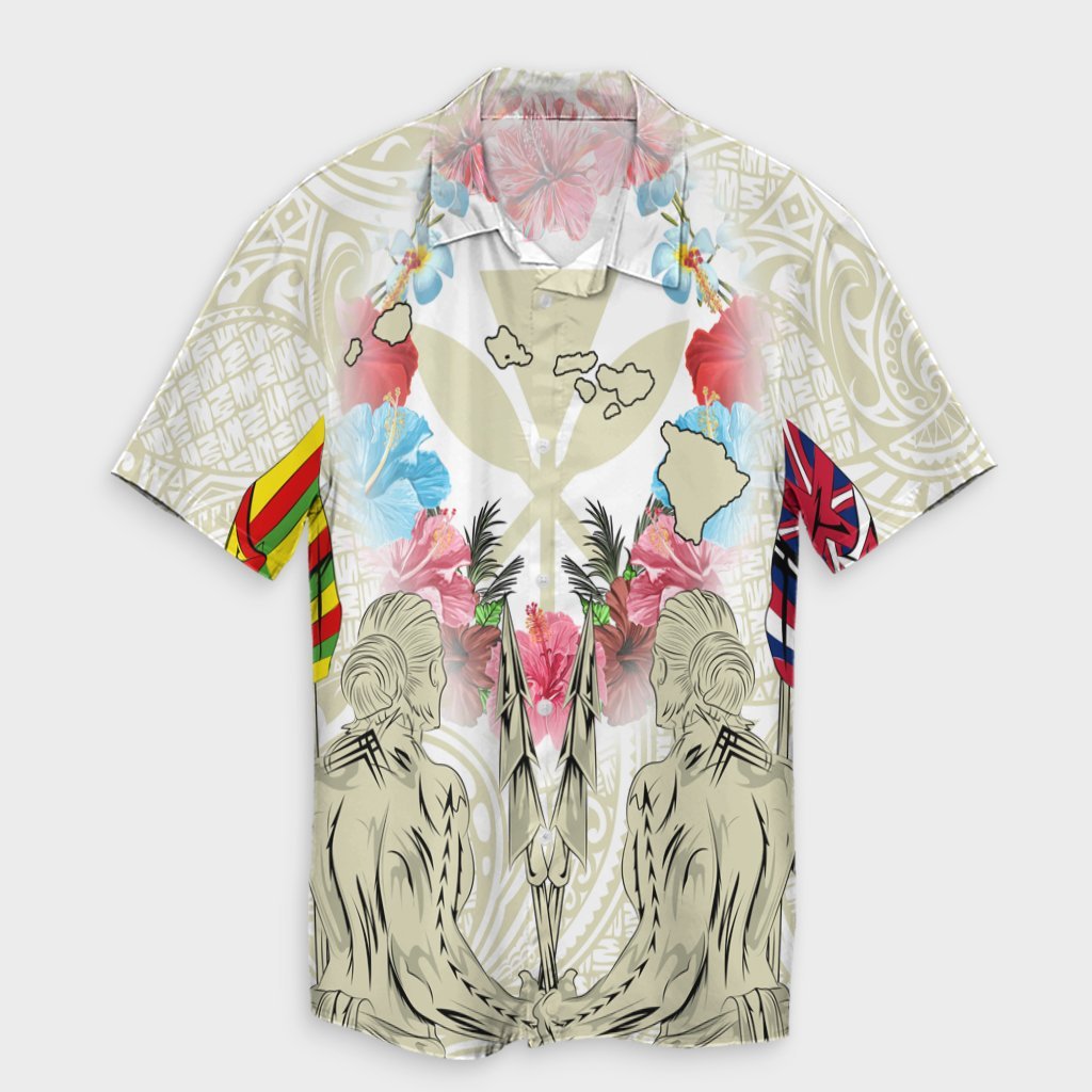 Hawaii Map Kanaka Two Men Holding Flag Hawaiian Shirt Beige - AH - Polynesian Pride