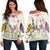 Hawaii Map Kanaka Two Men Holding Flag Women's Off Shoulder Sweater Beige - AH Black - Polynesian Pride