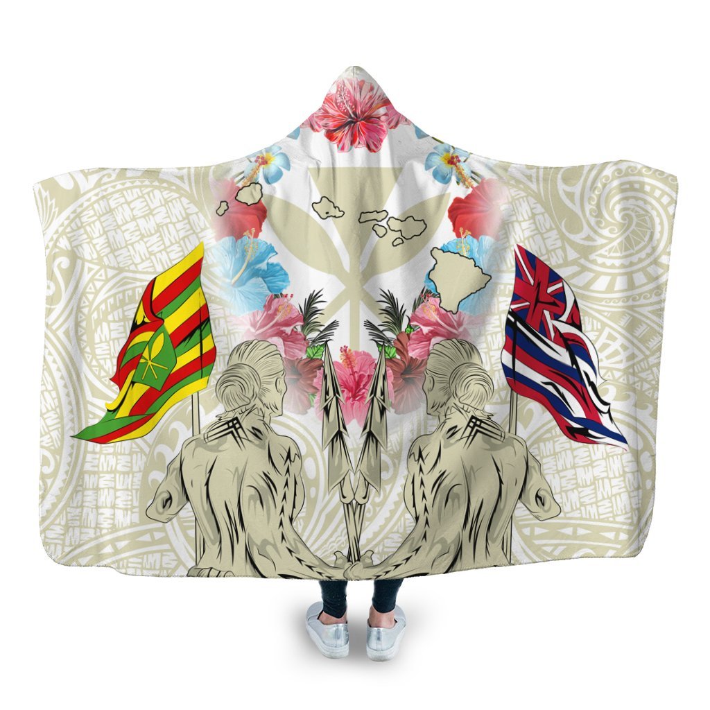 Hawaii Map Kanaka Two Men Holding Flag Hooded Blanket Beige - AH Hooded Blanket White - Polynesian Pride