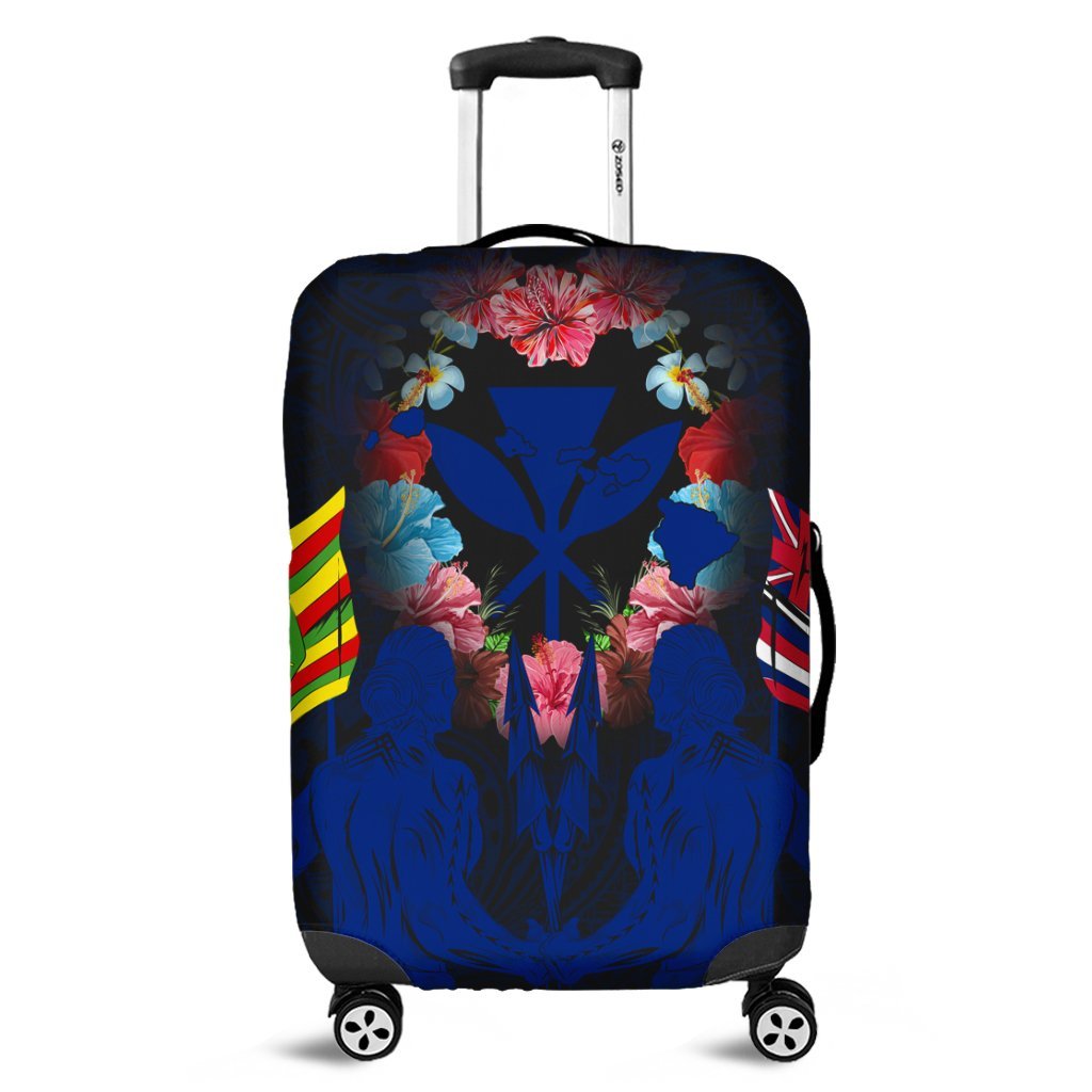 Hawaii Map Kanaka Two Men Holding Flag Luggage Covers Blue - AH Black - Polynesian Pride