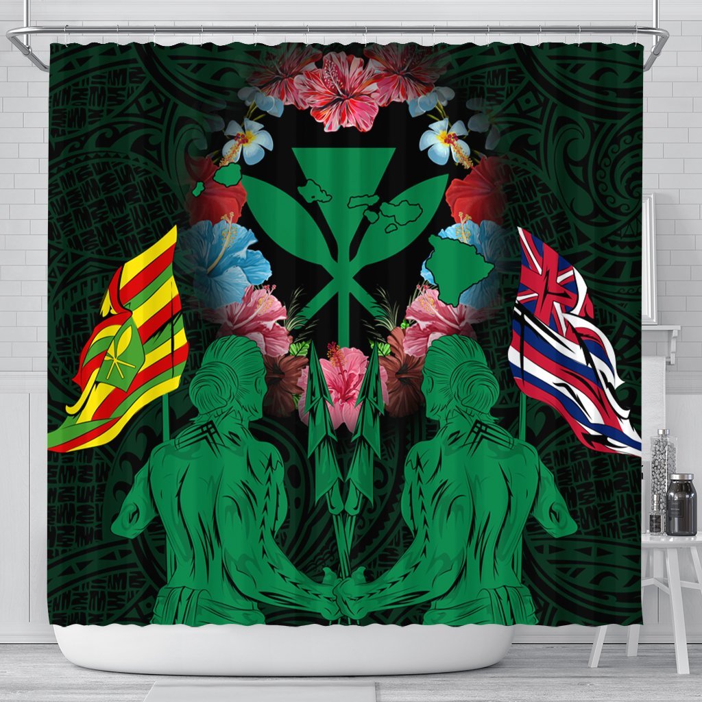 Hawaii Map Kanaka Two Men Holding Flag Shower Curtain Green - AH 177 x 172 (cm) Black - Polynesian Pride