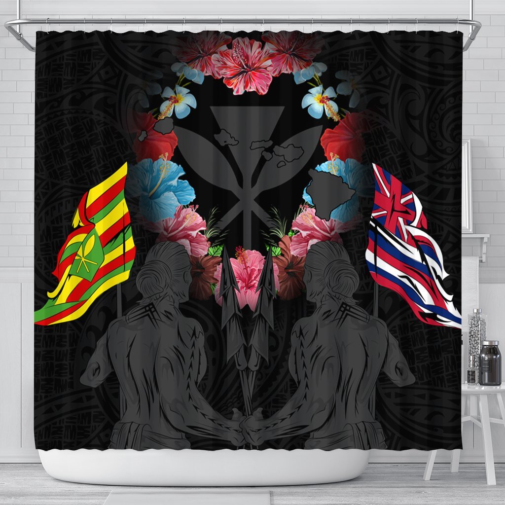 Hawaii Map Kanaka Two Men Holding Flag Shower Curtain Grey - AH 177 x 172 (cm) Black - Polynesian Pride