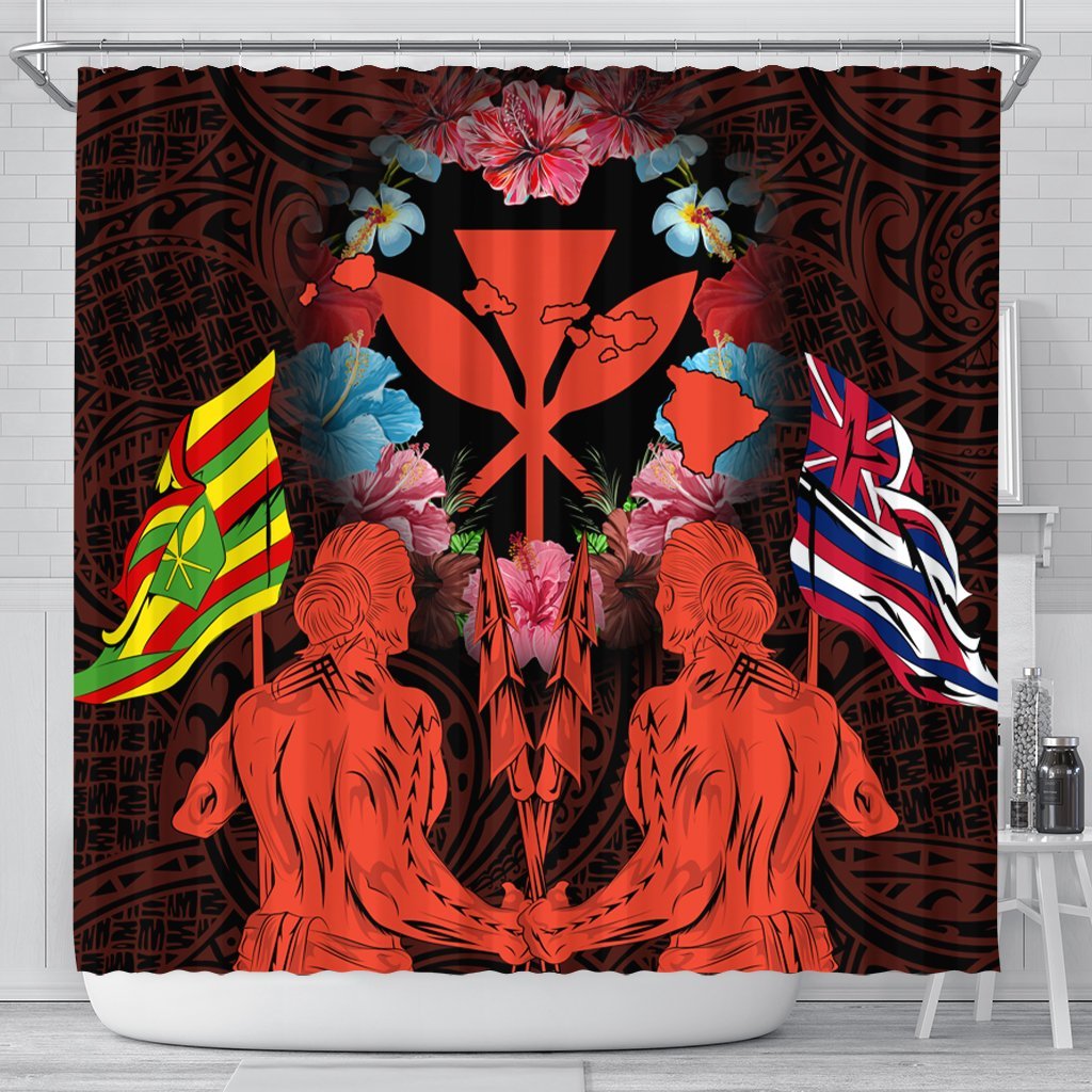 Hawaii Map Kanaka Two Men Holding Flag Shower Curtain Orange - AH 177 x 172 (cm) Black - Polynesian Pride