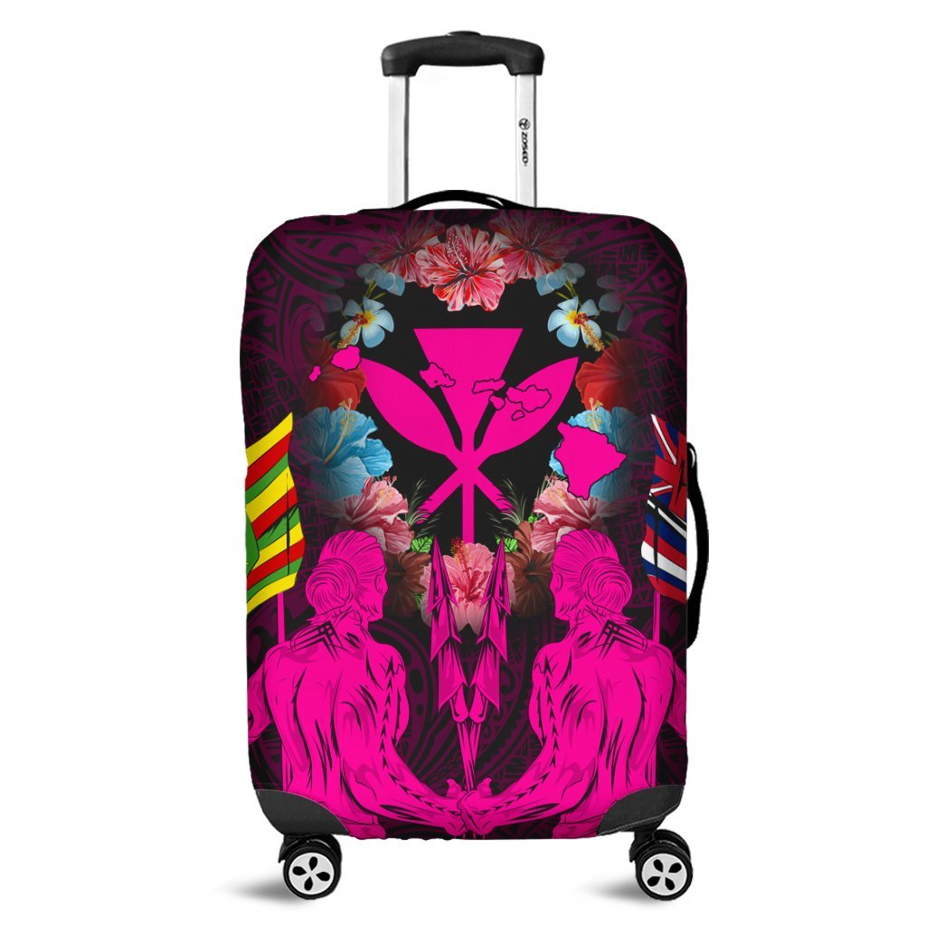 Hawaii Map Kanaka Two Men Holding Flag Luggage Covers Pink - AH Black - Polynesian Pride