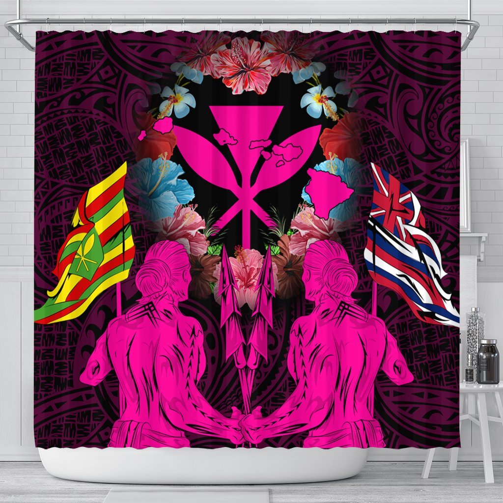 Hawaii Map Kanaka Two Men Holding Flag Shower Curtain Pink - AH 177 x 172 (cm) Black - Polynesian Pride