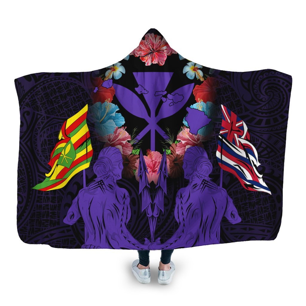 Hawaii Map Kanaka Two Men Holding Flag Hooded Blanket Purple - AH Hooded Blanket White - Polynesian Pride