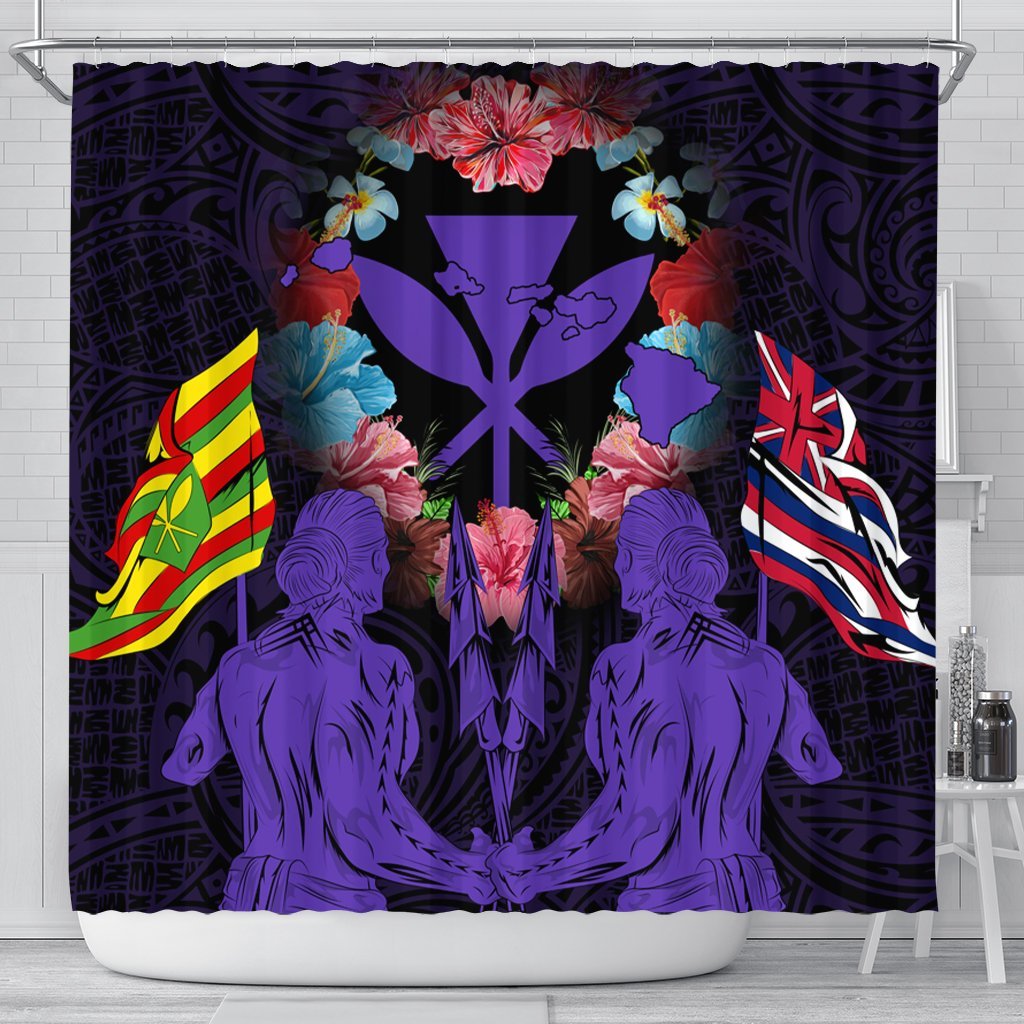 Hawaii Map Kanaka Two Men Holding Flag Shower Curtain Purple - AH 177 x 172 (cm) Black - Polynesian Pride