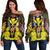 Hawaii Map Kanaka Two Men Holding Flag Women's Off Shoulder Sweater Yellow - AH Black - Polynesian Pride