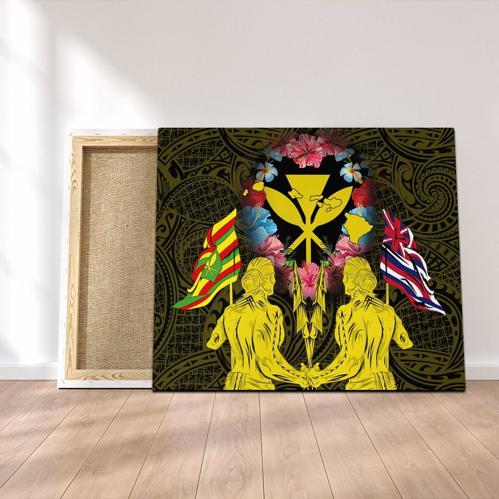 Hawaii Map Kanaka Two Men Holding Flag Canvas Yellow - AH Canvas Poly-cotton - Polynesian Pride