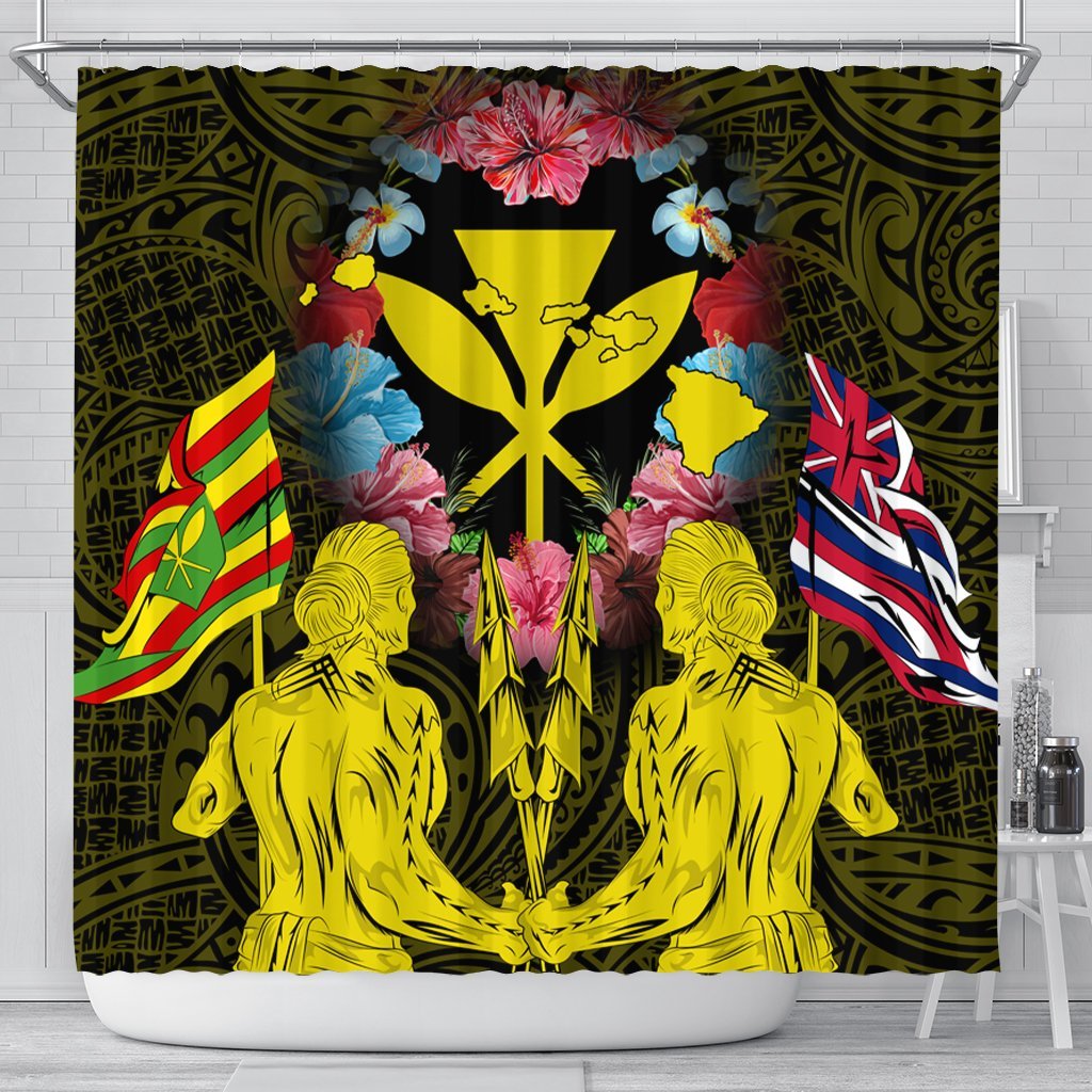 Hawaii Map Kanaka Two Men Holding Flag Shower Curtain Yellow - AH 177 x 172 (cm) Black - Polynesian Pride