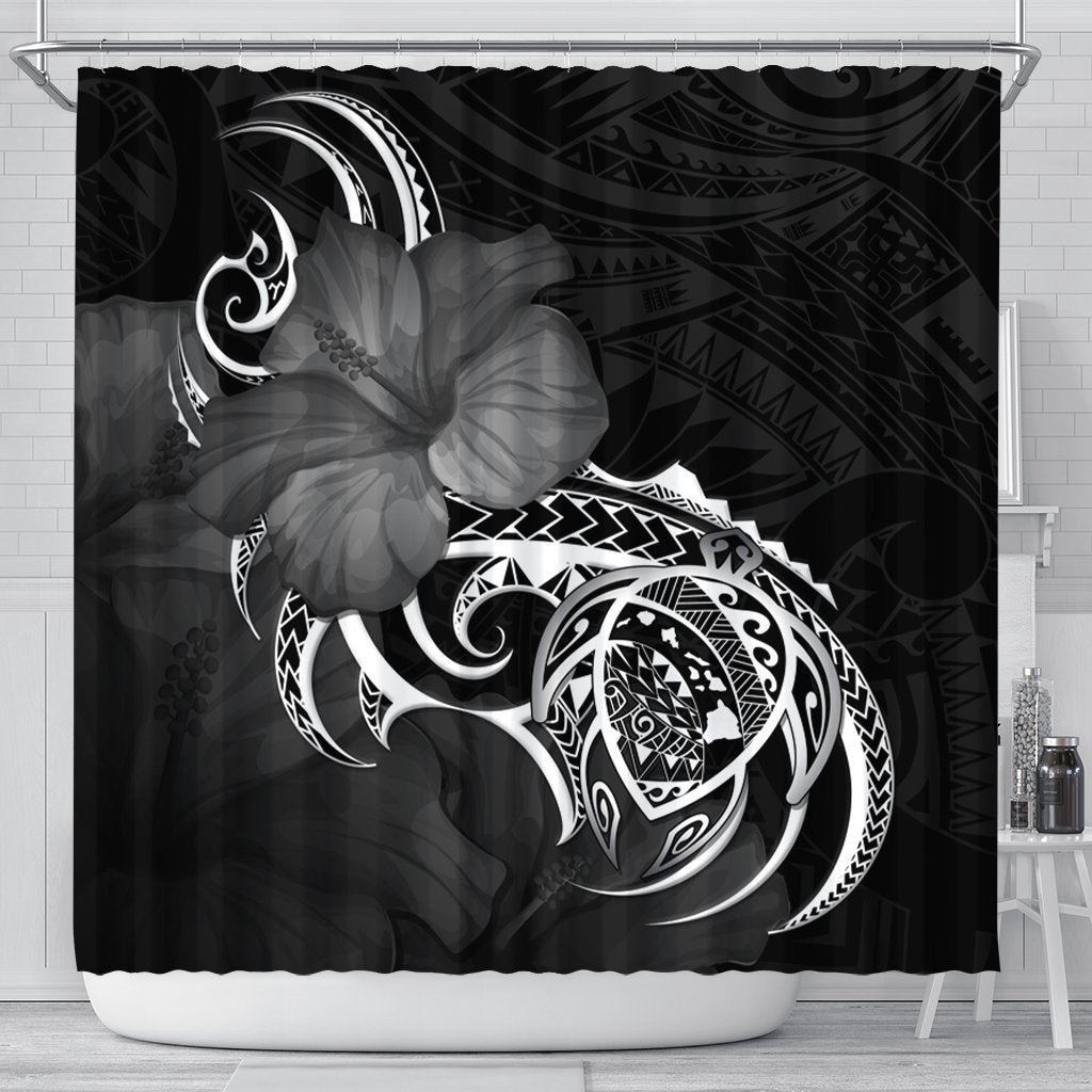 Hawaii Map Turtle Hibiscus Divise Polynesian Shower Curtain - AH 177 x 172 (cm) Black - Polynesian Pride