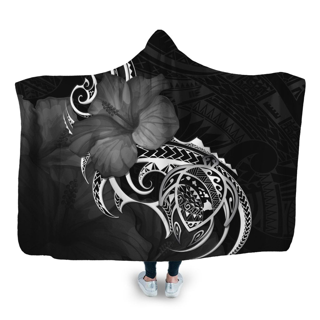 Hawaii Map Turtle Hibiscus Divise Polynesian Hooded Blanket - AH Hooded Blanket White - Polynesian Pride