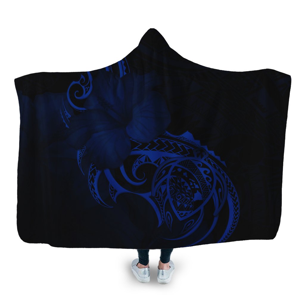 Hawaii Map Turtle Hibiscus Divise Polynesian Hooded Blanket Blue - AH Hooded Blanket White - Polynesian Pride