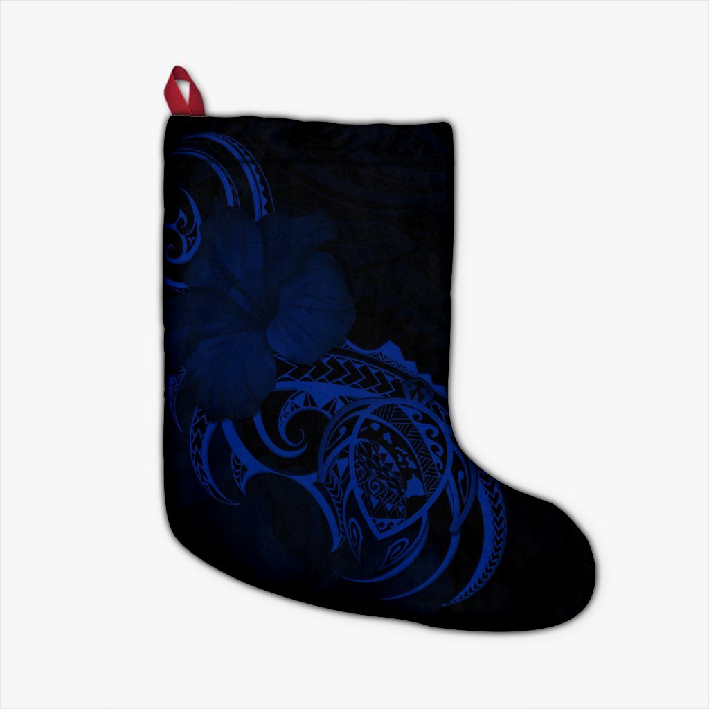 Hawaii Map Turtle Hibiscus Divise Polynesian Christmas Stocking Blue - AH Christmas Stocking 26 X 42 cm Black - Polynesian Pride