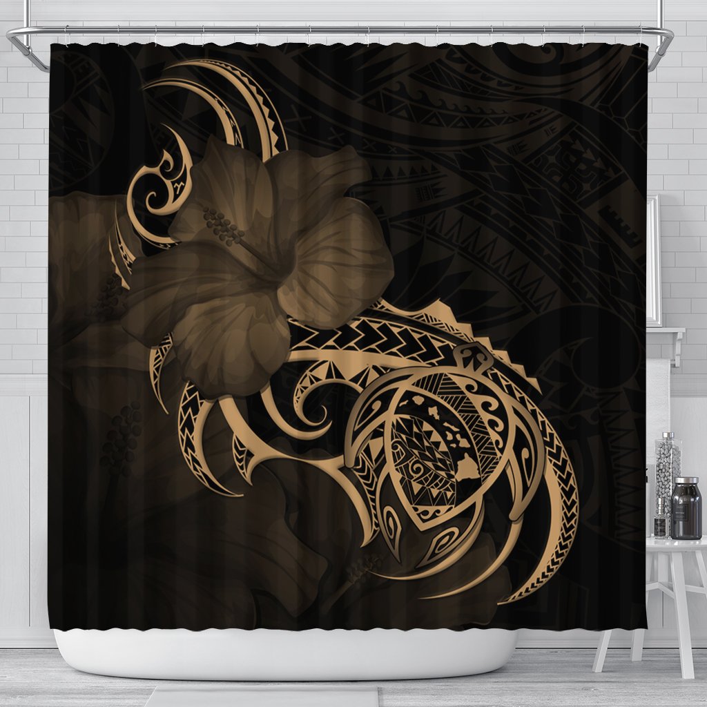 Hawaii Map Turtle Hibiscus Divise Polynesian Shower Curtain Gold - AH 177 x 172 (cm) Black - Polynesian Pride