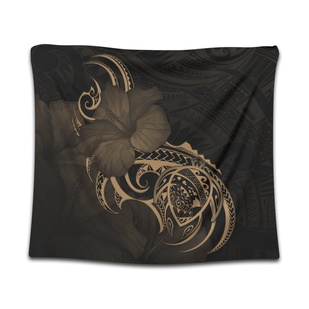 Hawaii Map Turtle Hibiscus Divise Polynesian Tapestry Gold - AH Wall Tapestry Black - Polynesian Pride